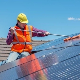 Nhân viên vệ sinh tấm pin năng lượng mặt trời