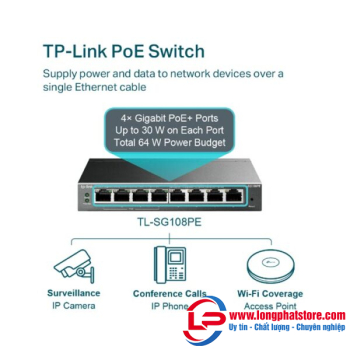 Easy Smart Switch 8 cổng Gigabit với 4 cổng PoE+ TP-LINK TL-SG108PE