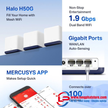 Hệ Thống Wi-Fi Mesh Cho Gia Đình AC1900 Mercusys Halo H50G (2 pack)
